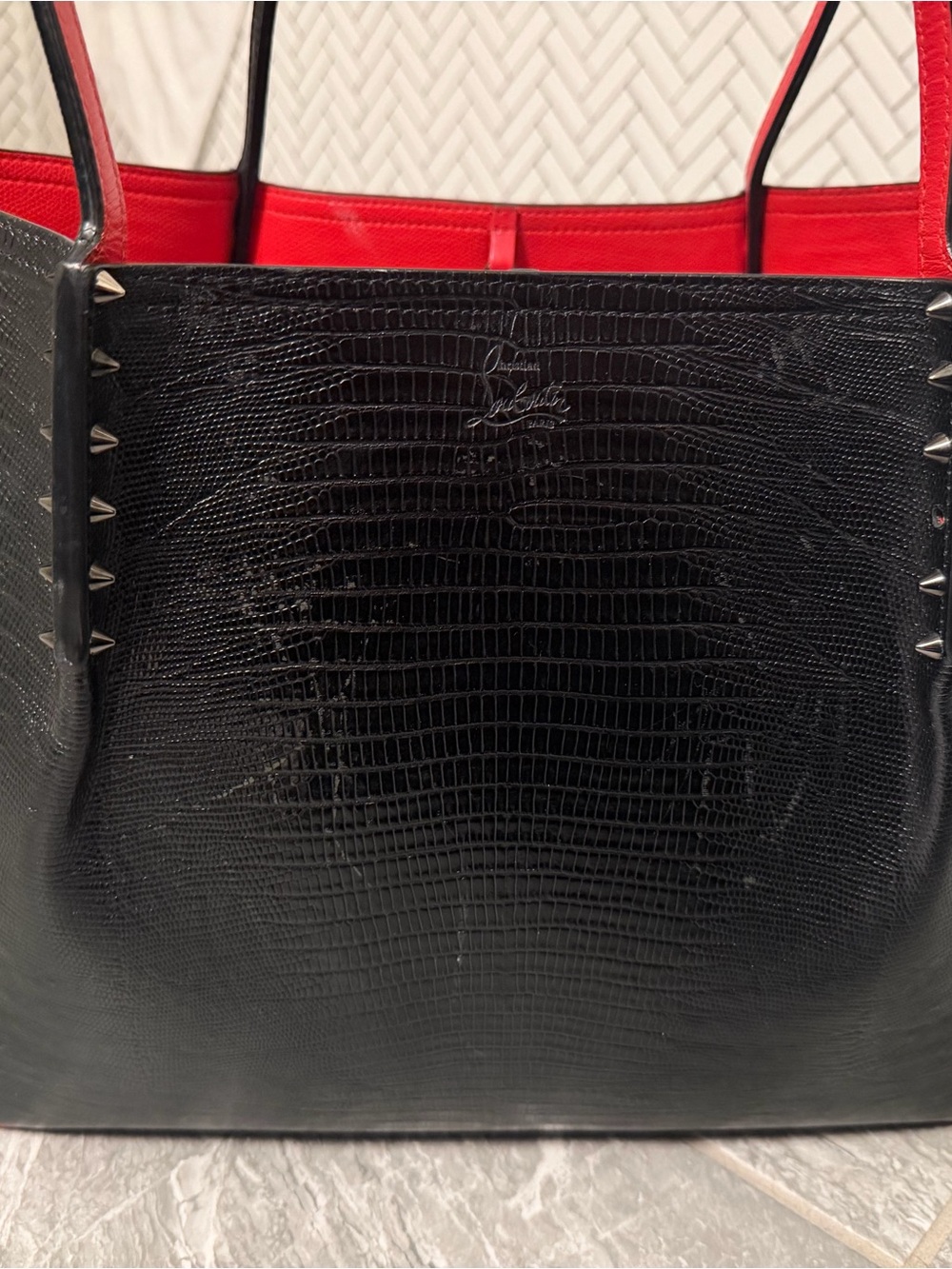 Christian Louboutin Black Cabarock Large Lizard Leather Tote with Red Interior
